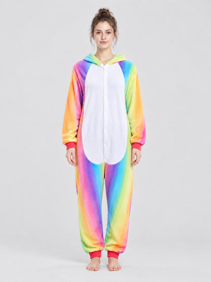 Hooded Pajama Jumpsuit with Rainbow Pattern