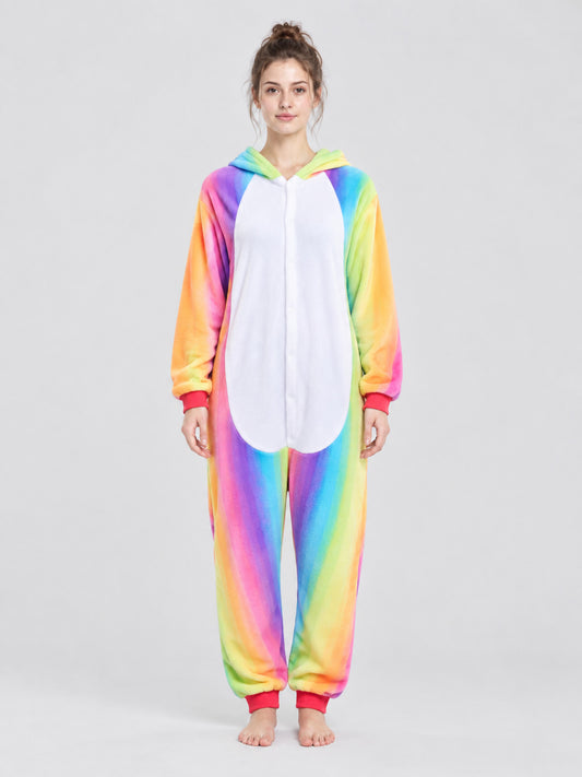 Hooded Pajama Jumpsuit with Rainbow Pattern