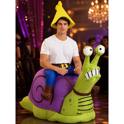 Snail 3D Inflatable Costume, Purple Spiral Shell & Green Body One-Piece on-model view