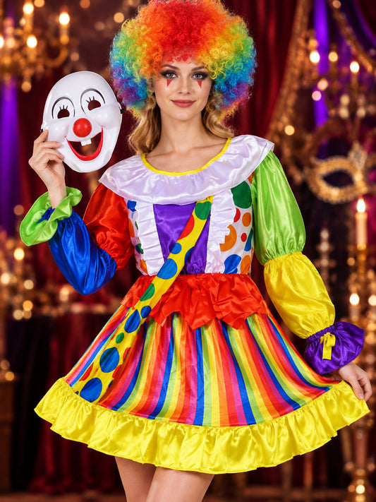 Adult Clown Costume with Multicolored Wig and Mask