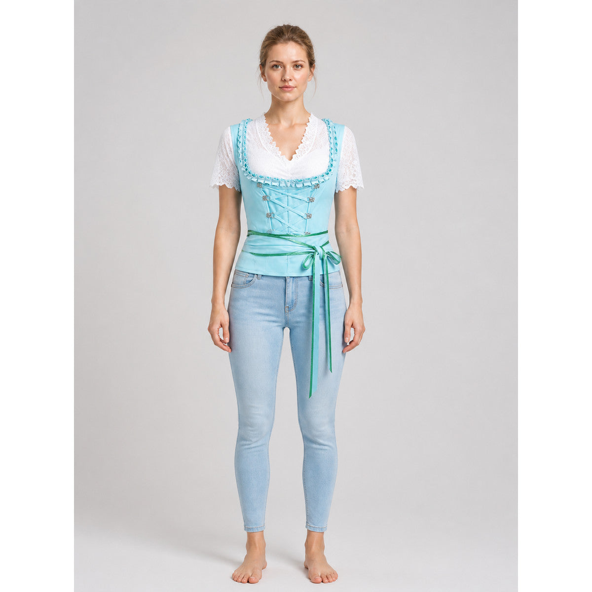 Lace Blouse with Crisscross Ties and Waist Tie for Oktoberfest on-model view