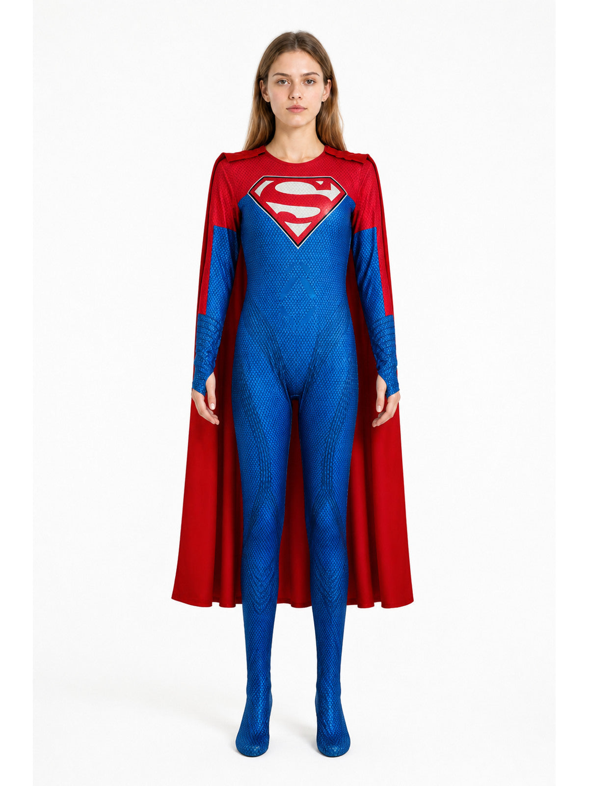 Red and Blue Cosplay Jumpsuit with Cape main product view