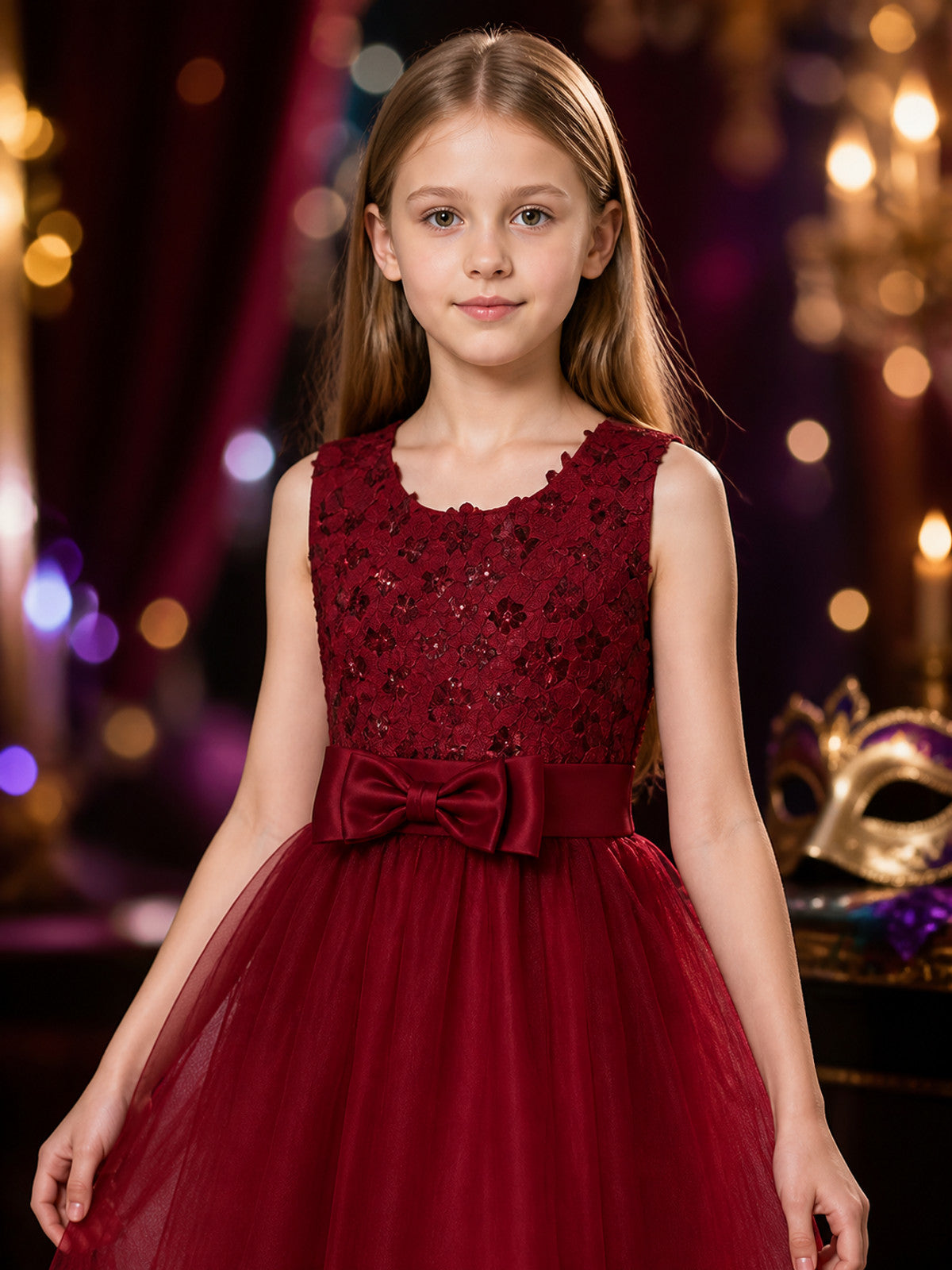 Red Princess Formal Dress, Sleeveless Lace Bodice, Layered Tulle Skirt on-model view