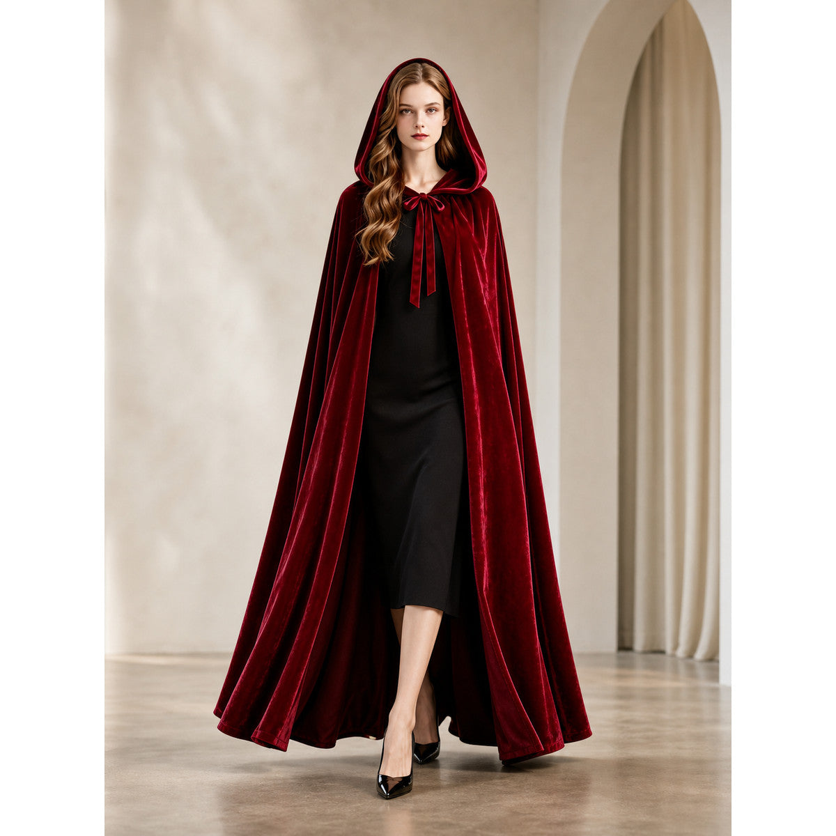 Burgundy Carnival Cape with Hood, 110 cm front view