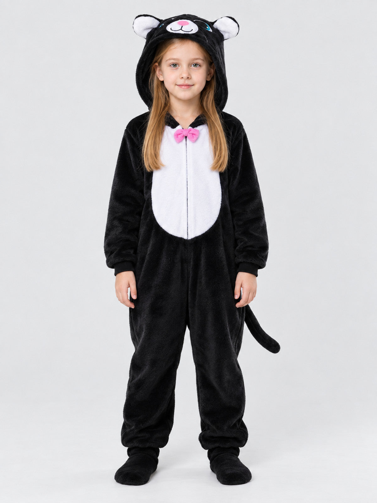 Black Flannel Pajama Jumpsuit with Hood and Ears