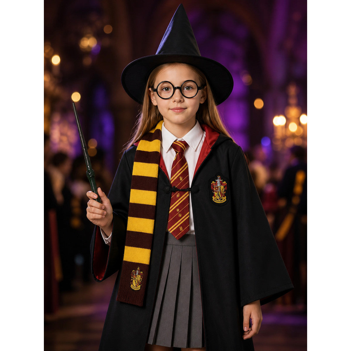 Kids Wizard Costume Set With Hooded Robe, Hat, Glasses, Wand, Scarf And Tie on-model view