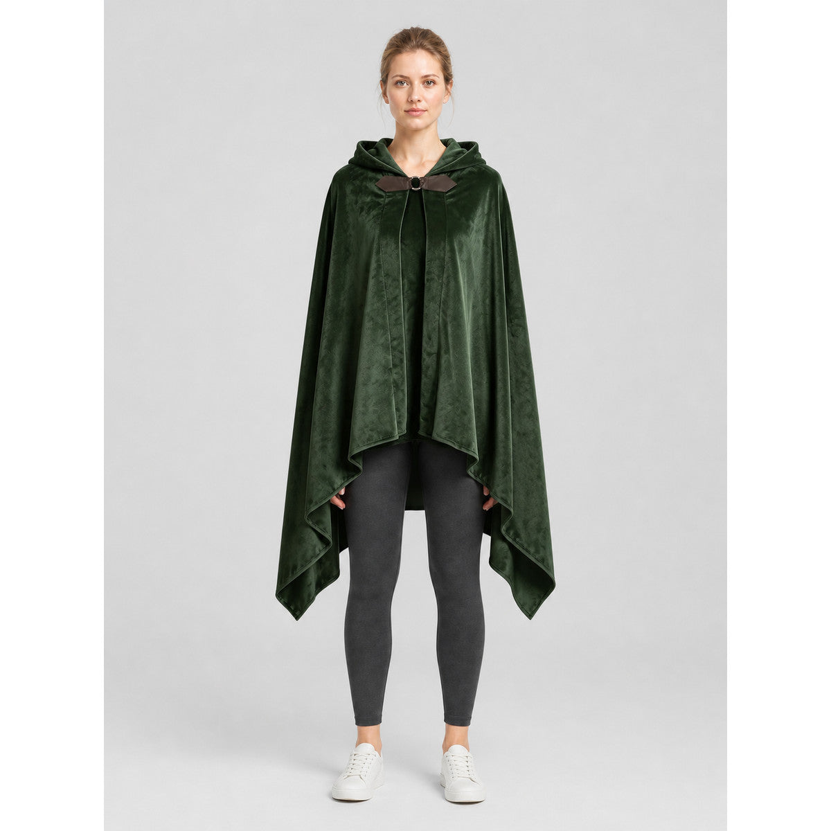 Hooded Elf Cloak with Bow for Cosplay, Green on-model view