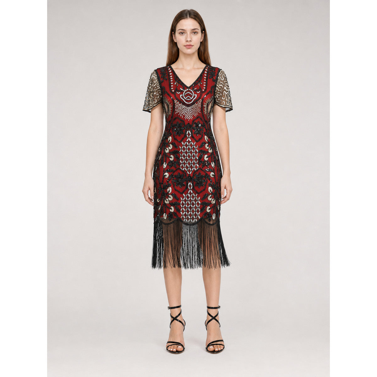 Flapper-Style Dress with Sequins and Fringe