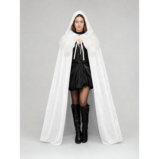 Velvet Hooded Feather Cape with Ties