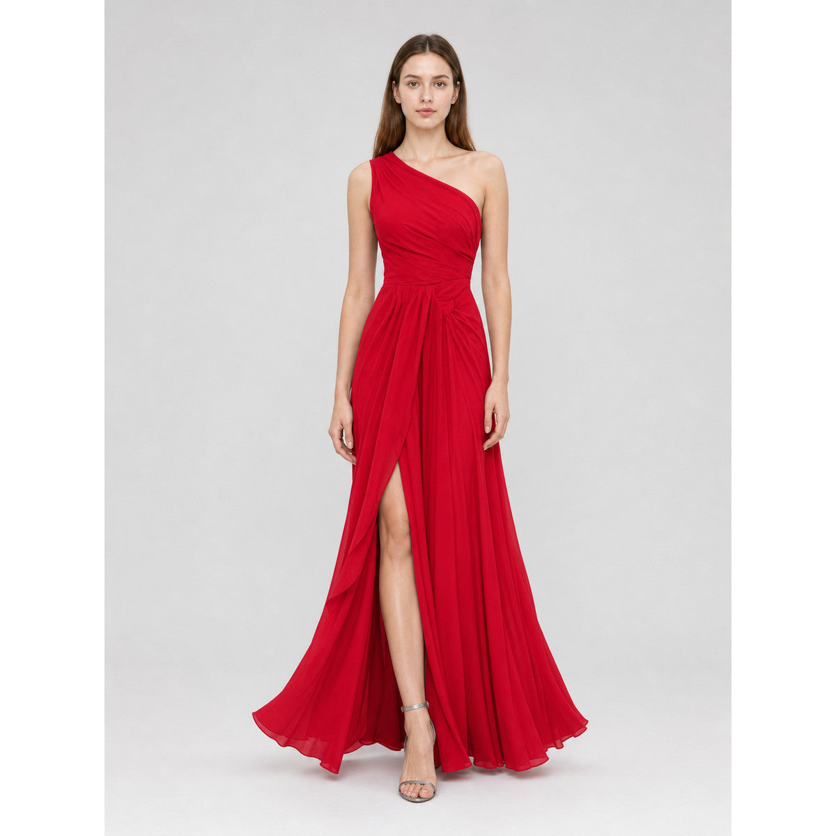 Red Asymmetrical Maxi Evening Dress with Train