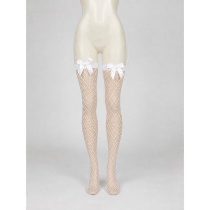 White Diamond-Mesh Stockings with Bows