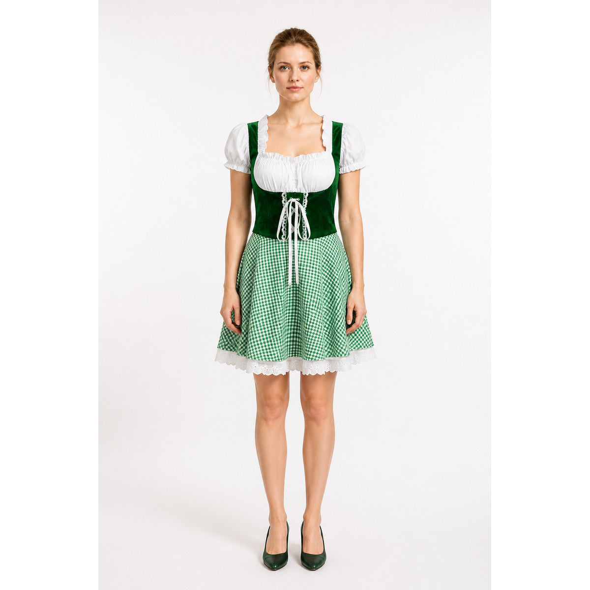 Bavarian-Style Plaid Dress with Lace-Up Front main product view