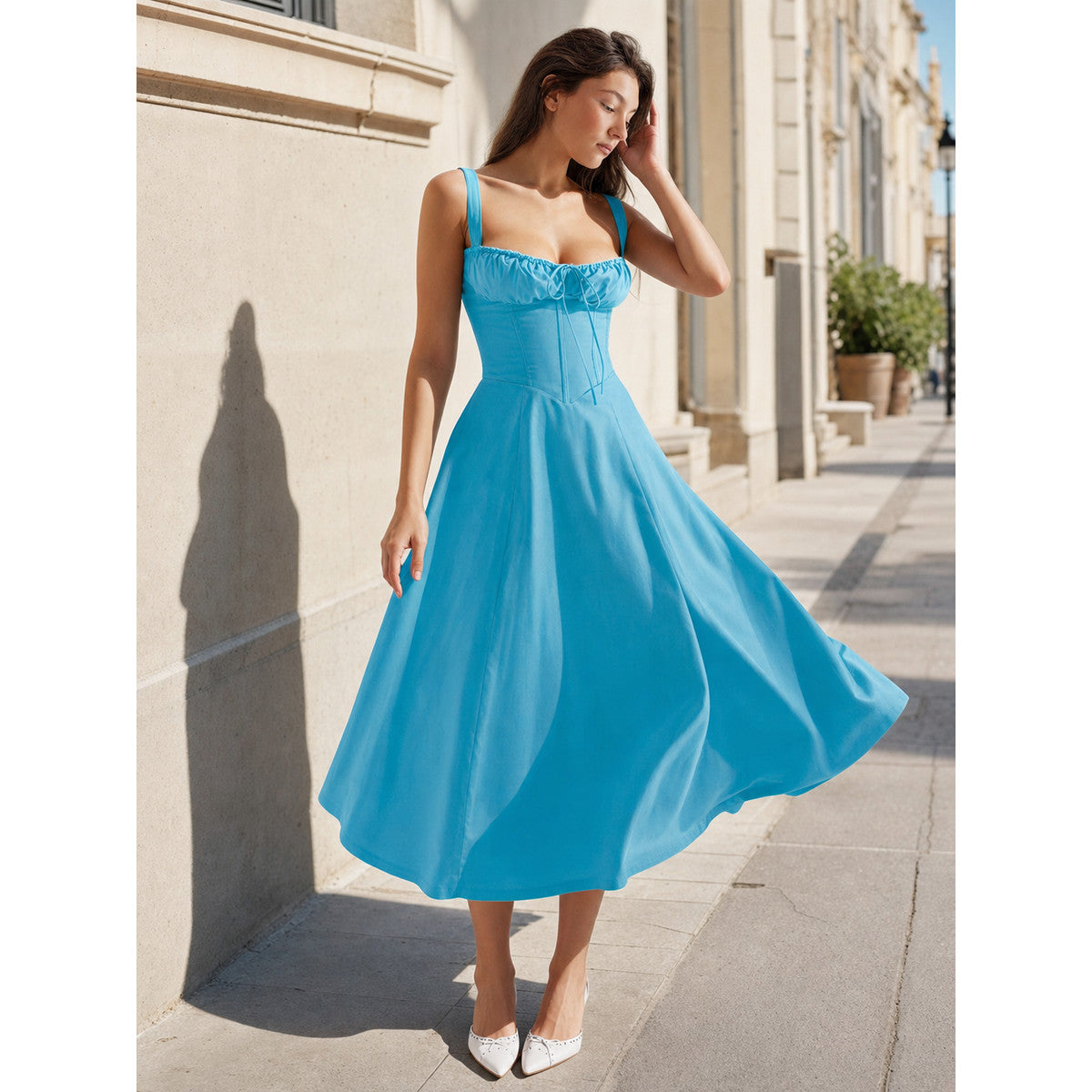 Women's Blue Dress with Thin Straps and Drawstring