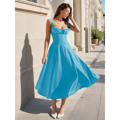 Women's Blue Dress with Thin Straps and Drawstring