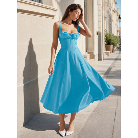 Women's Blue Dress with Thin Straps and Drawstring