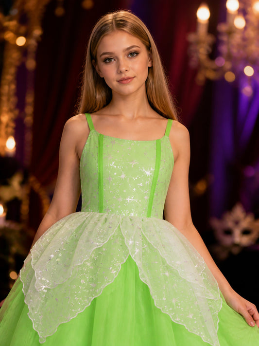 Girls' Green Princess Costume Dress, Sequin Stars, Ruffle Trim and Tulle Skirt on-model view