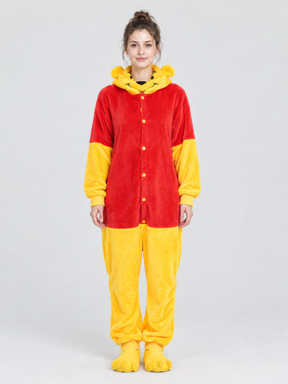 Red and yellow pajama jumpsuit with bear ears
