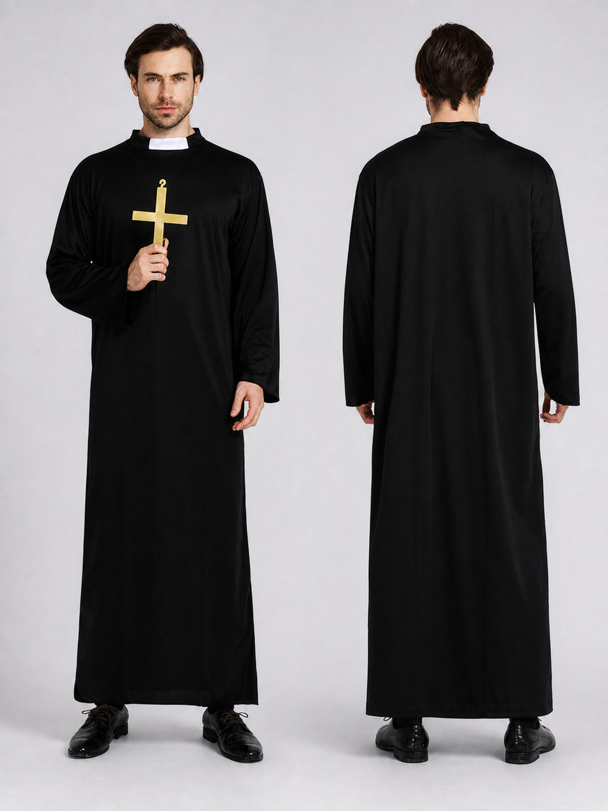 Halloween Priest Costume, Black Robe with Collar on-model view
