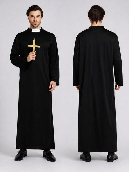 Halloween Priest Costume, Black Robe with Collar on-model view