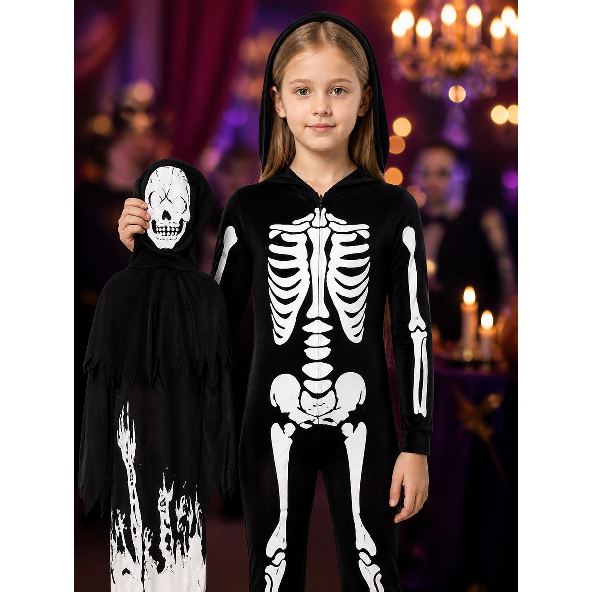 Unisex Glow In The Dark Skeleton Hooded Bodysuit Costume Set With Tattered Robe on-model view