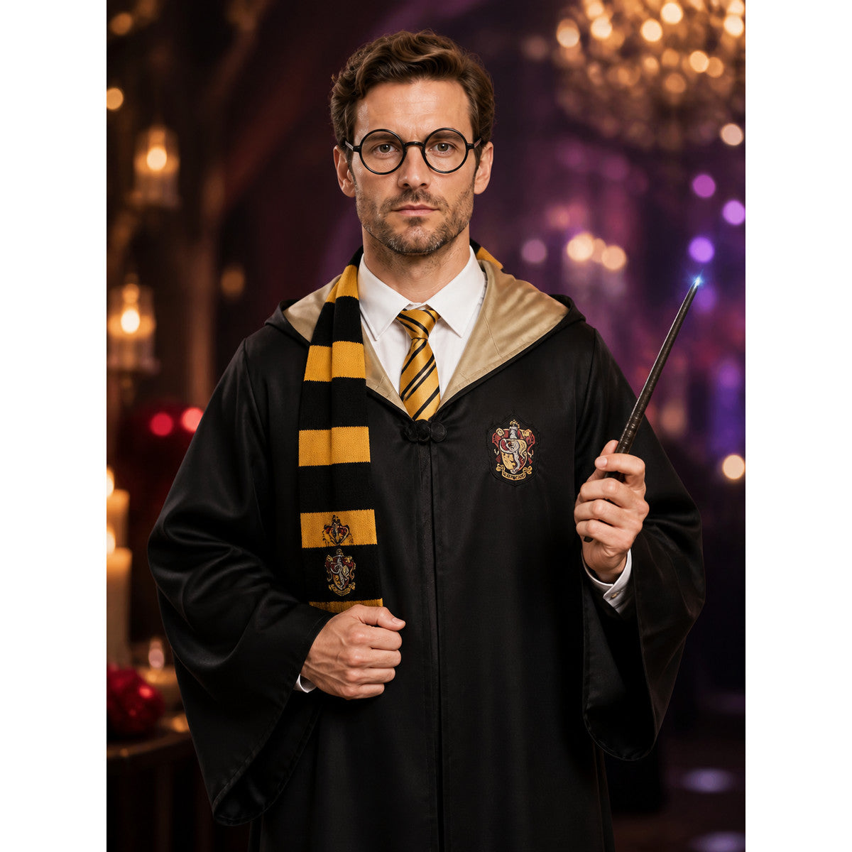 Hufflepuff Wizard Robe Costume Set with Scarf, Tie, Glasses and Wand on-model view