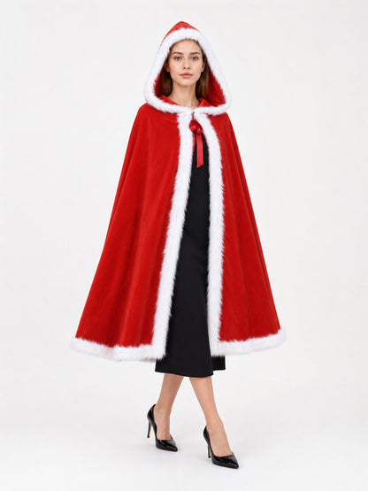 Red hooded cape with white faux fur trim, shown full-length on a model over a black dress
