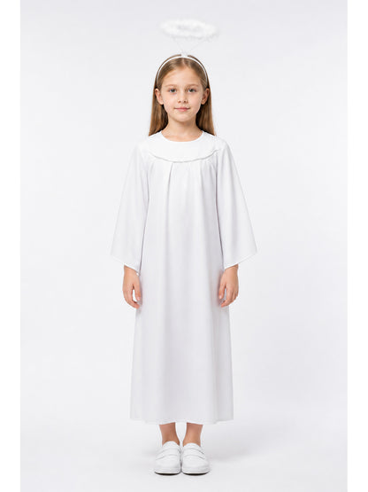 White angel costume dress and halo on a child, shown full-body with long sleeves and white shoes against a plain studio background