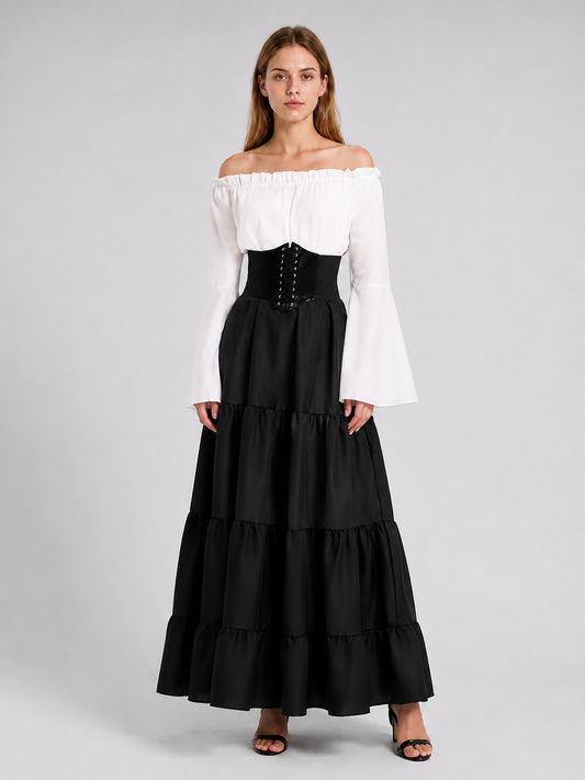 Long Stage Dress with Corset and Tiered Ruffles on-model view