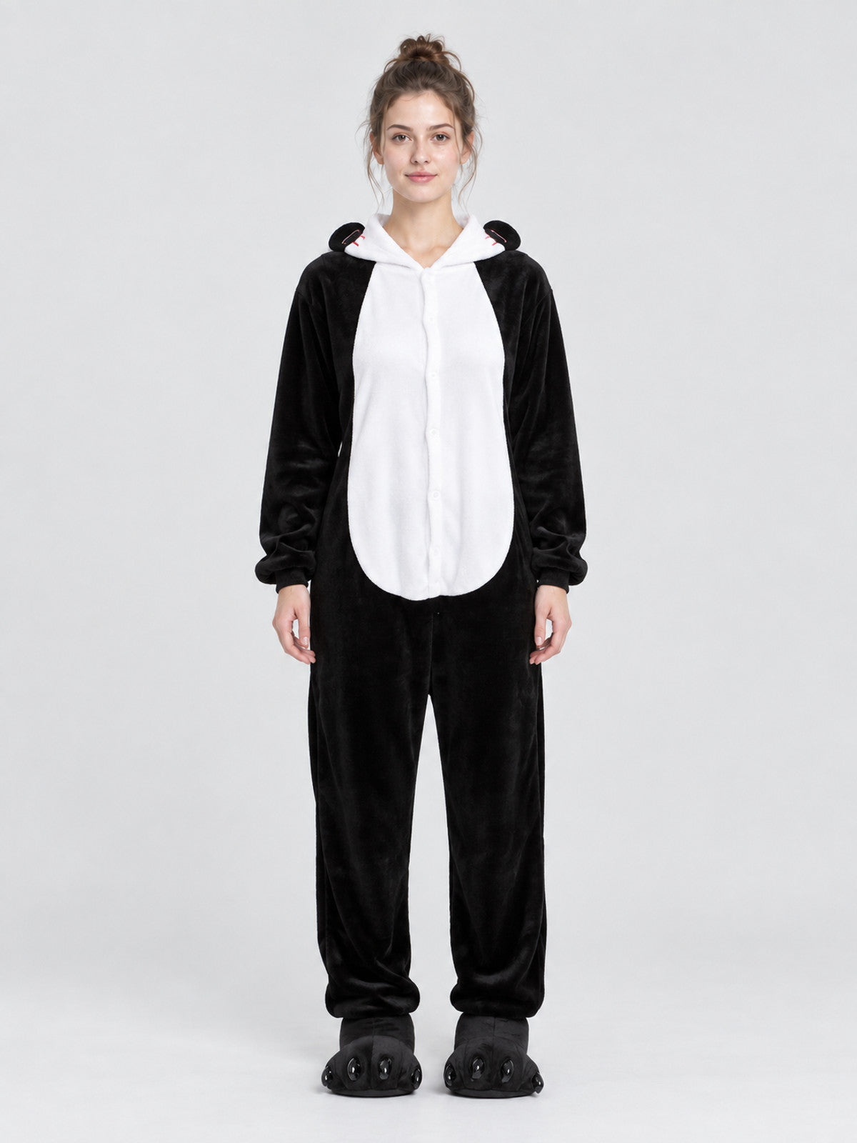 Black and White Flannel Pajama Jumpsuit with Ears