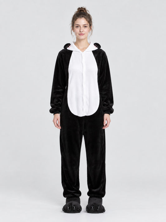 Black and White Flannel Pajama Jumpsuit with Ears