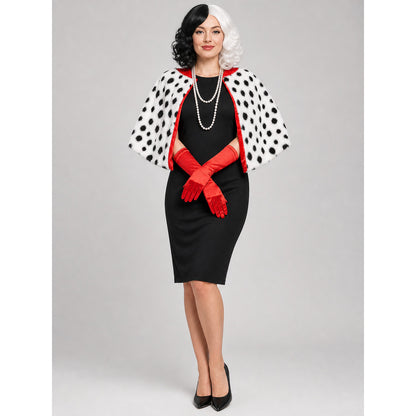 Cruella Halloween Costume with Wig and Cape on-model view