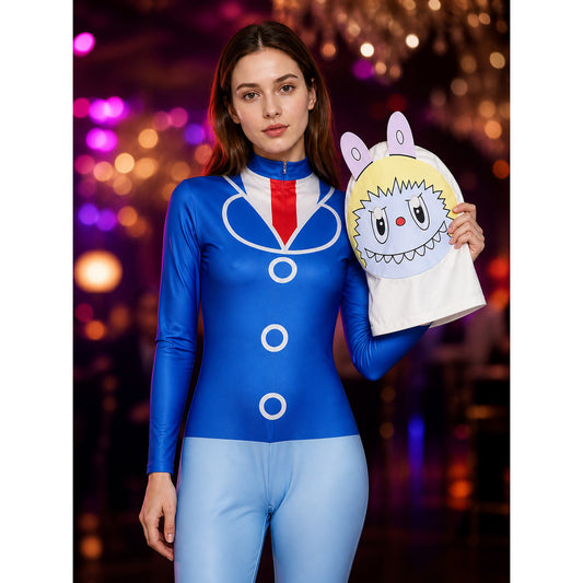 Labubu Cosplay Bodysuit Costume with Headpiece, Halloween Stage Performance on-model view