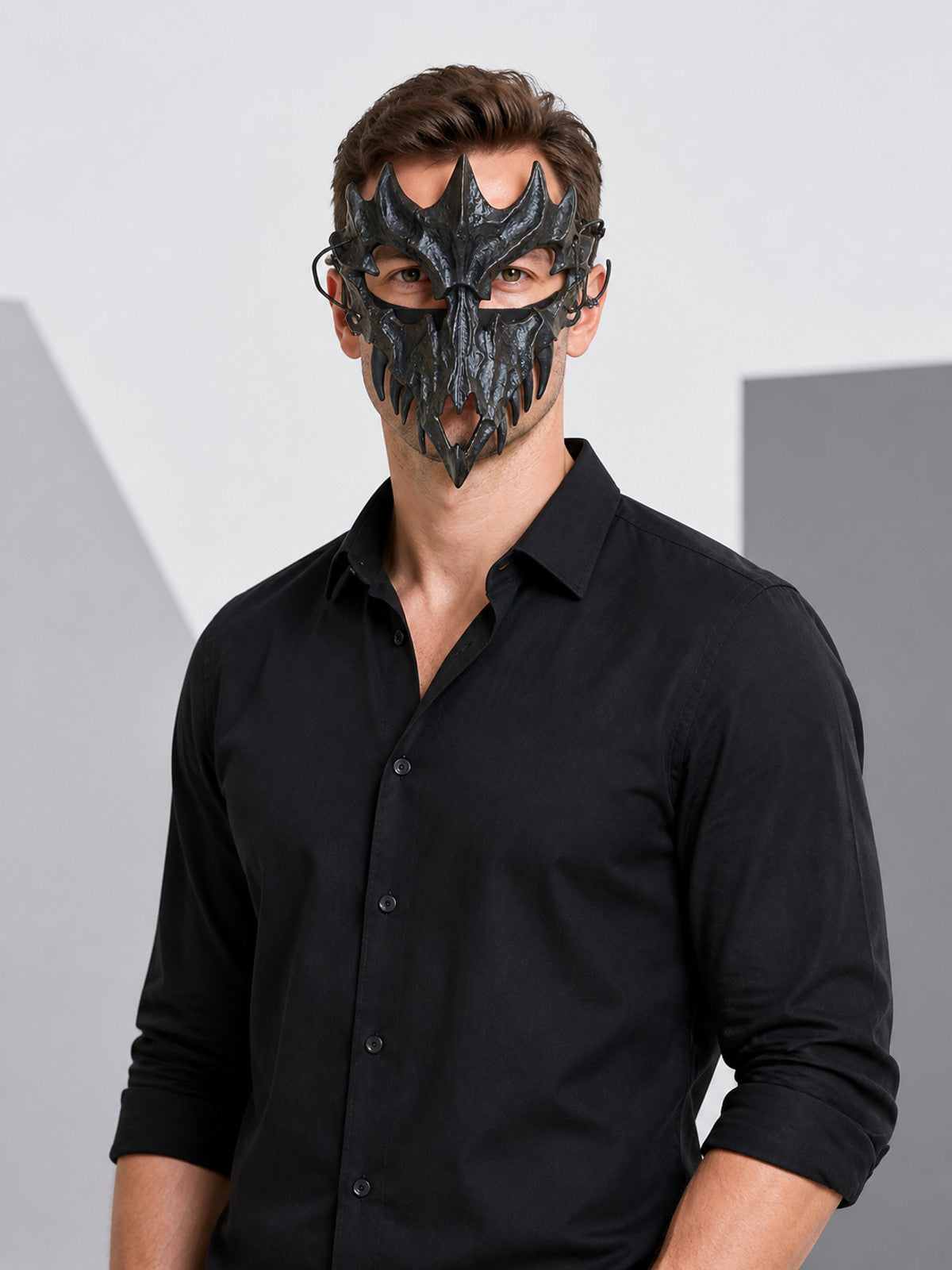 Black Halloween Skeleton Mask, Spike-Studded Half Mask