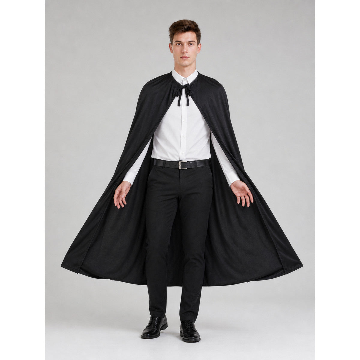 Black Long Cape Cloak for Halloween and the Stage on-model view