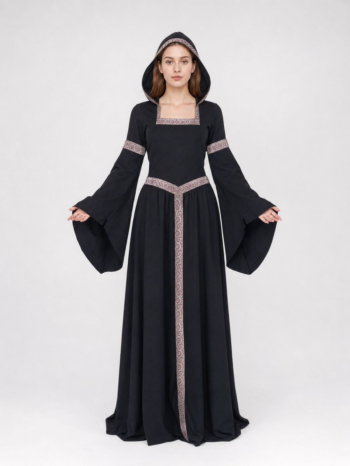 Black Gothic Carnival Dress with Hood and Sleeves on-model view