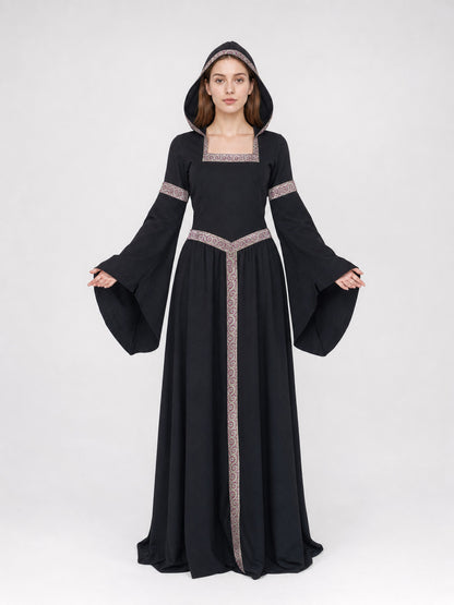 Black Gothic Carnival Dress with Hood and Sleeves on-model view