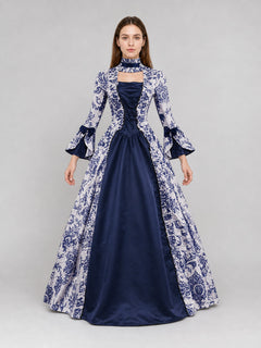 Patterned Evening Dress with Long Sleeves and a Flared Skirt