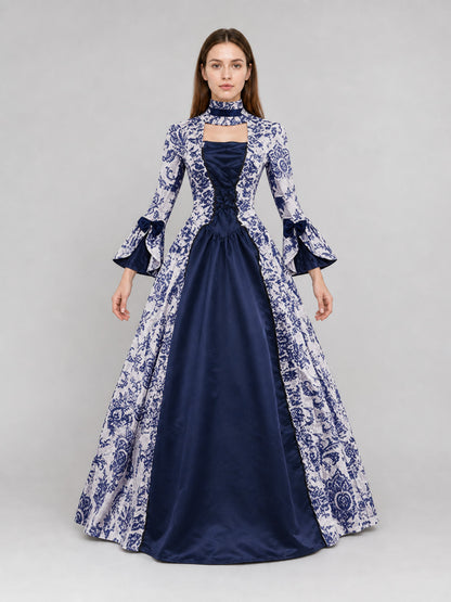 Patterned Evening Dress with Long Sleeves and a Flared Skirt front view