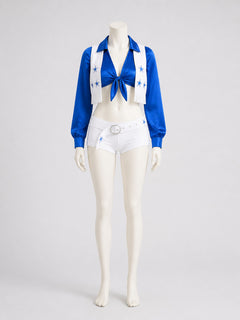 Blue-and-White Cheerleading Costume, Top, Shorts, and Scarf
