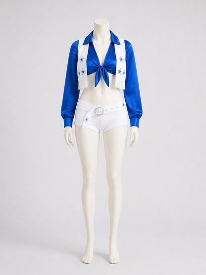 Blue-and-White Cheerleading Costume, Top, Shorts, and Scarf on-model view