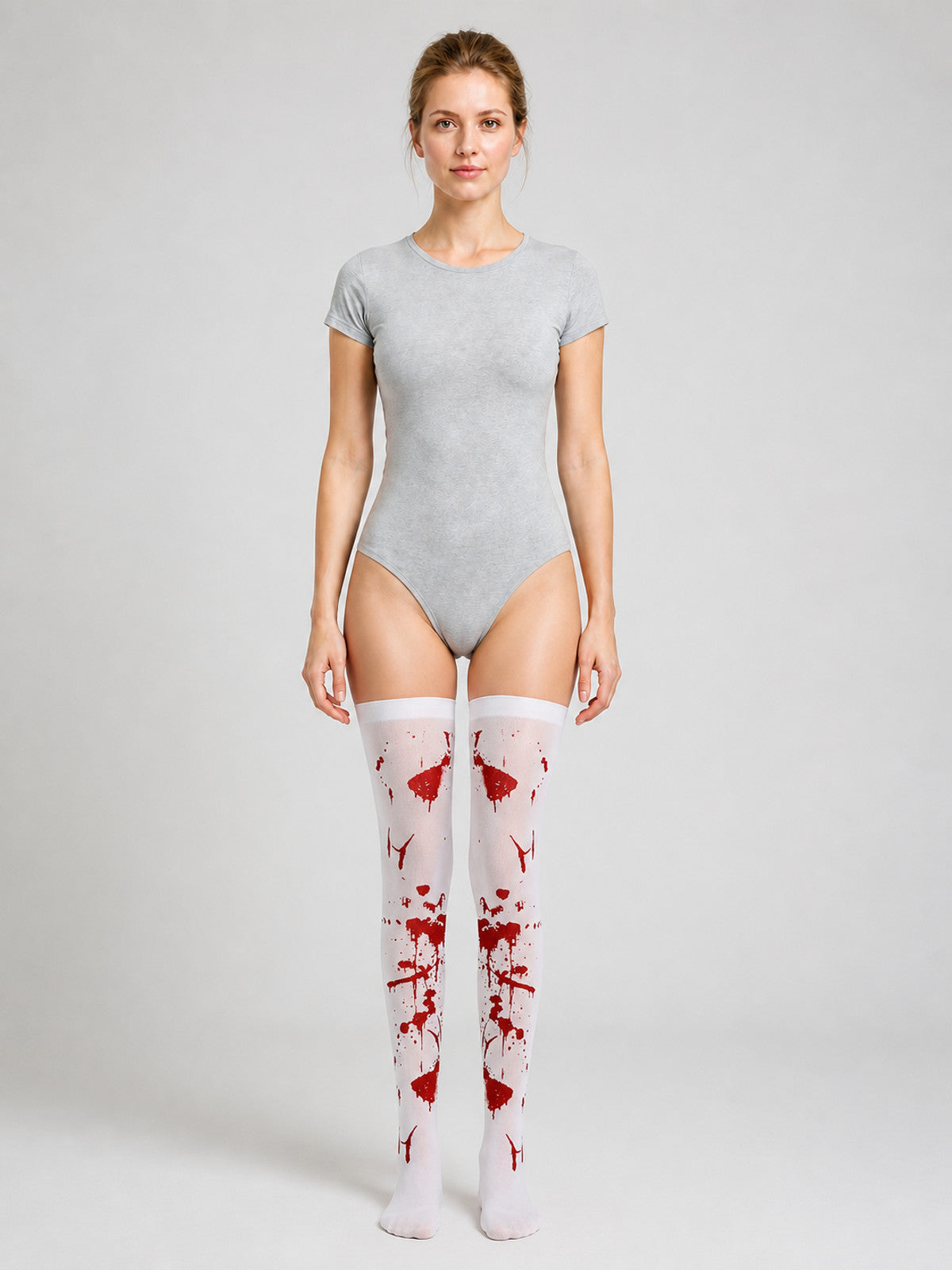 White Long Socks with Red Blood Splatter, Pair on-model view