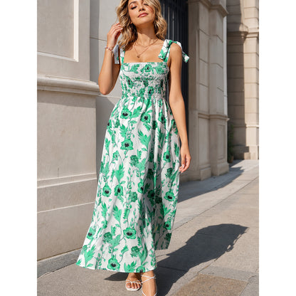 Women's Long Dress with Floral Print and Shoulder Ties