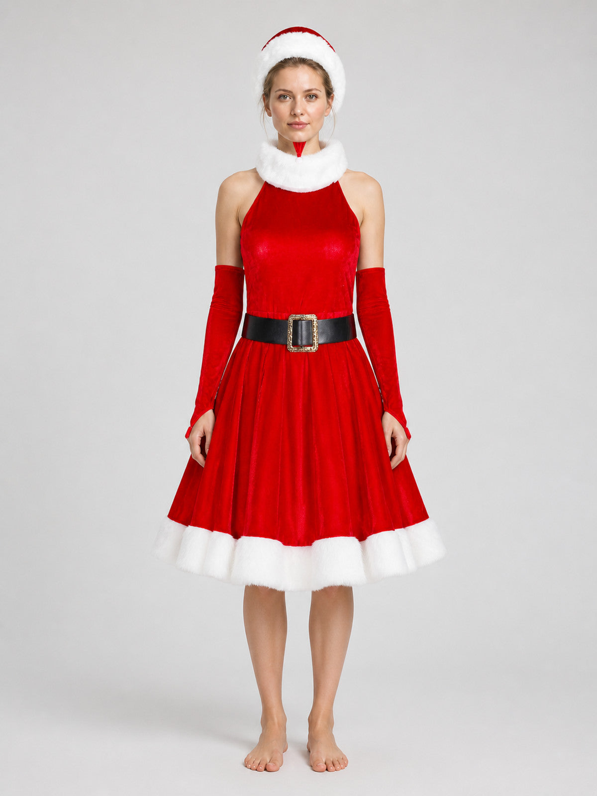 Santa Claus Costume: Red Dress with White Fur and Hat on-model view