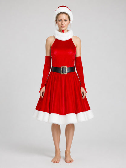 Santa Claus Costume: Red Dress with White Fur and Hat on-model view