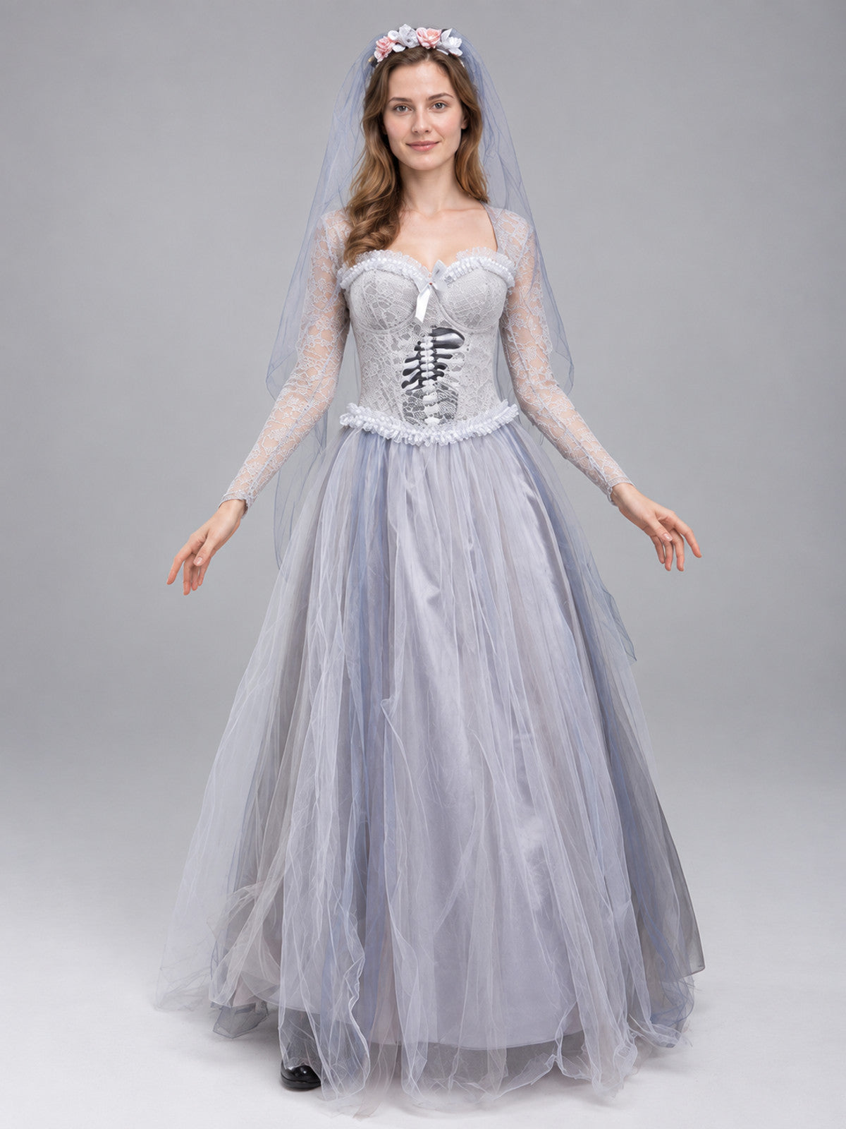 Carnival costume with dress, wreath, and veil, light gray