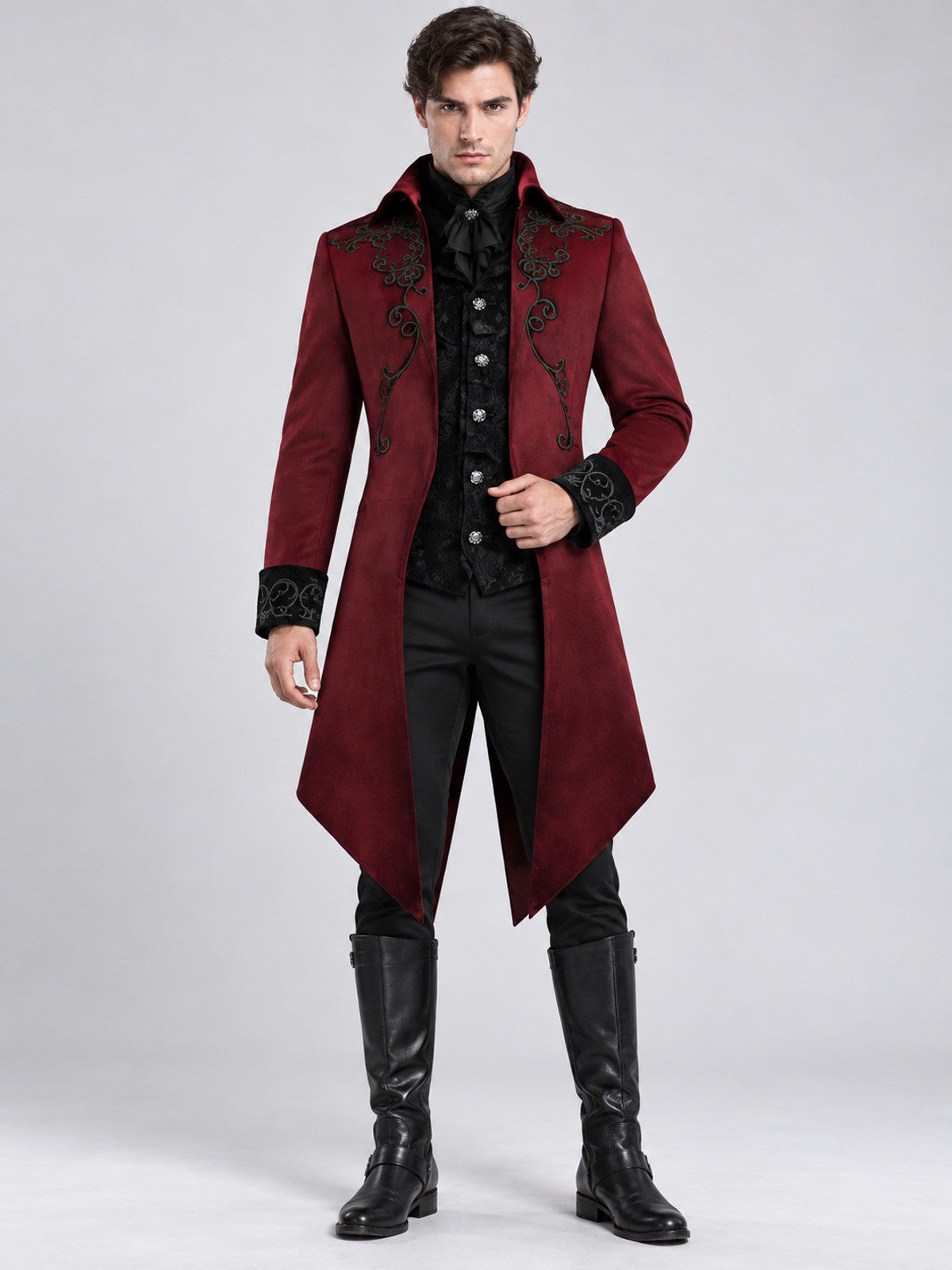 Burgundy Vampire Carnival Tailcoat with Black Embroidery