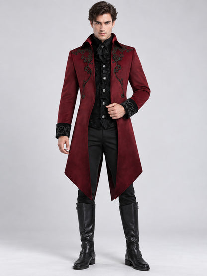 Burgundy Vampire Carnival Tailcoat with Black Embroidery