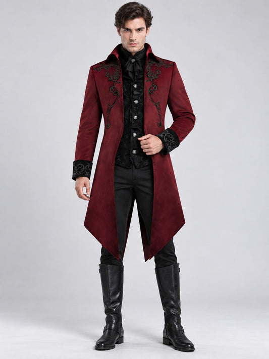 Burgundy Vampire Carnival Tailcoat with Black Embroidery