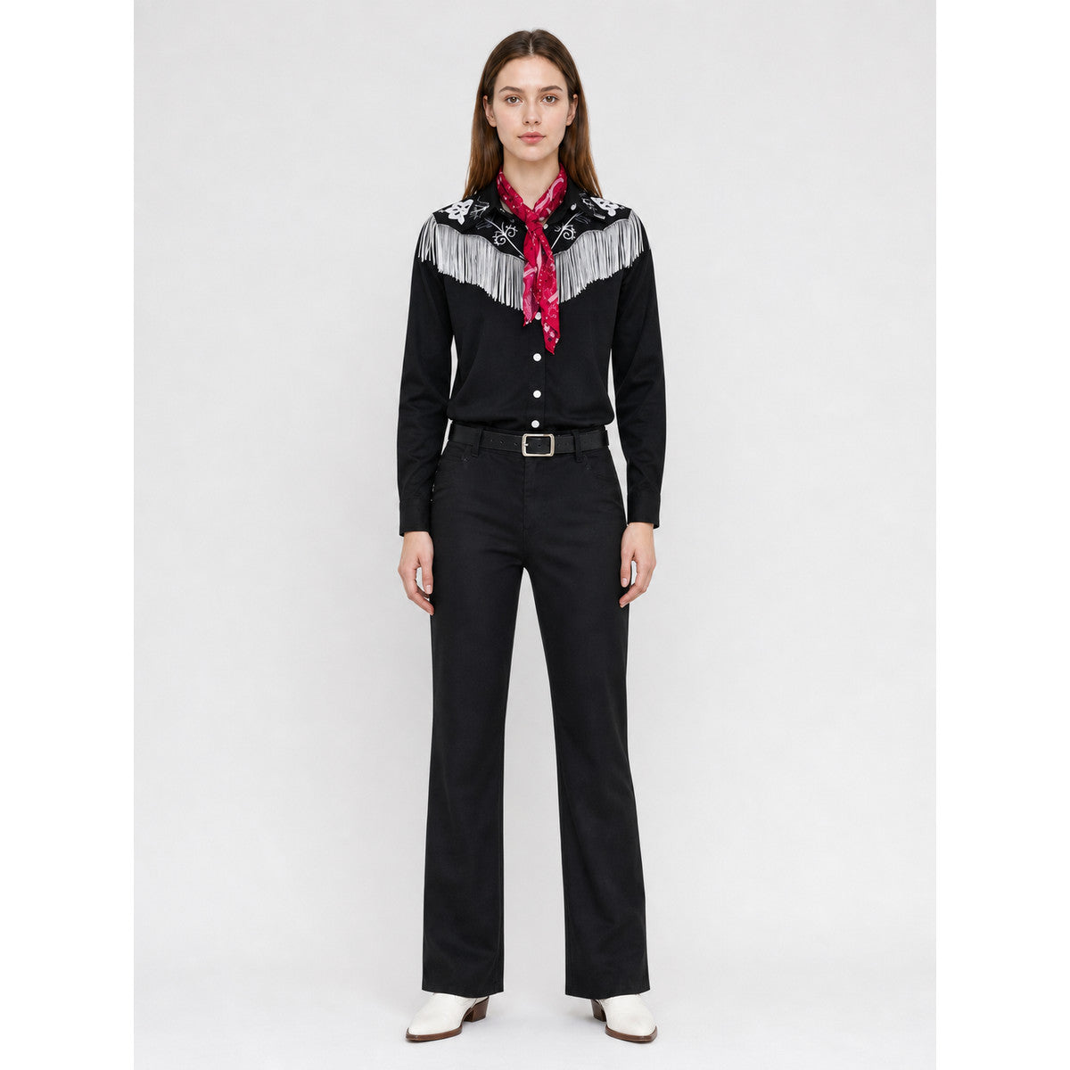 Cowboy cosplay costume: shirt, pants, hat on-model view
