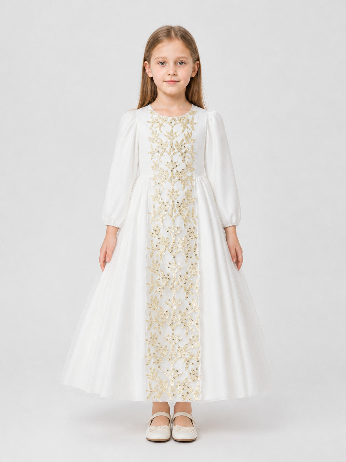 White Girls' Princess Dress with a Full Skirt and Sequins on-model view